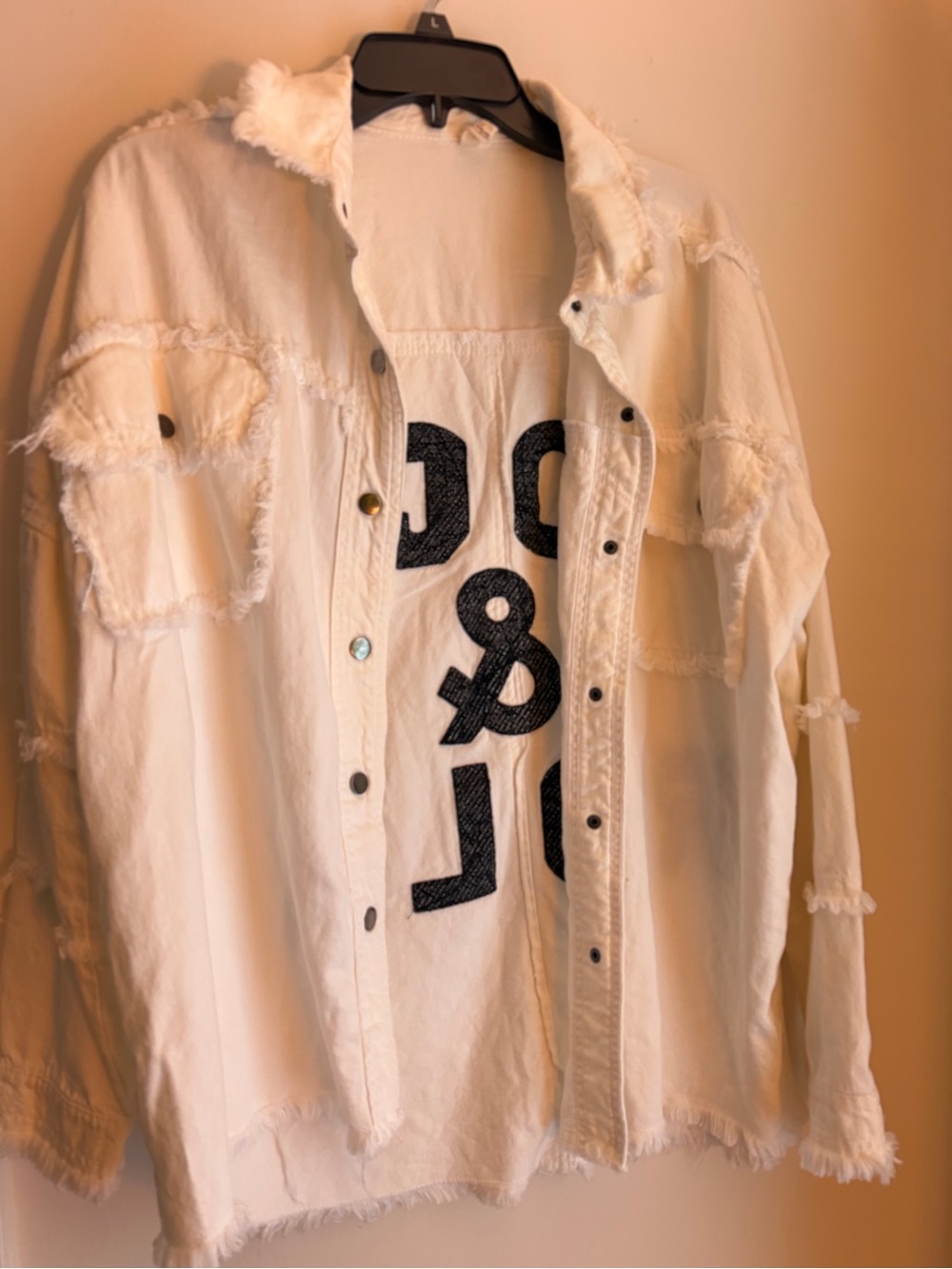 Elle Off-White Distressed Denim Jacket with Graphic Interior